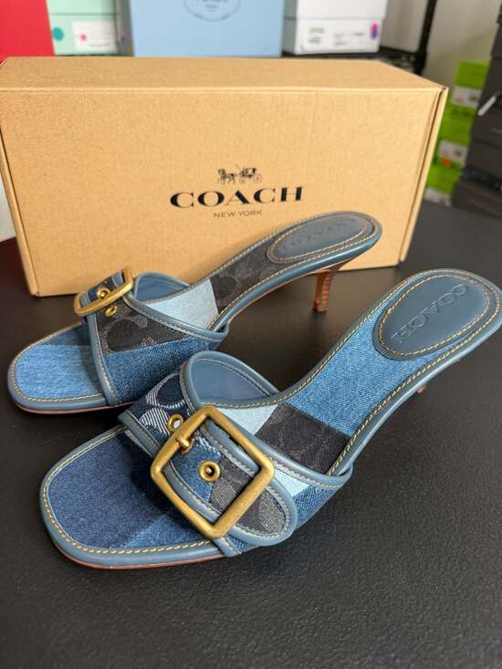 Coach Shoes - Coach Margot Denim Patchwork Kitten Heel Sandals Blue CEF08 sz 7.5 BNIB $195